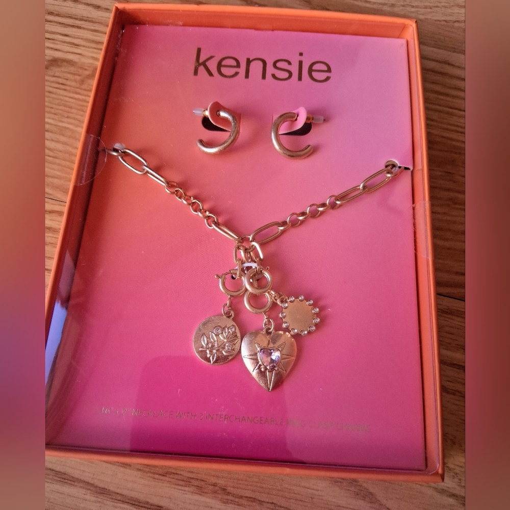 NIB Ladies Jewelry Set, Necklace, Earrings.  Interchangable Charms Goldtone